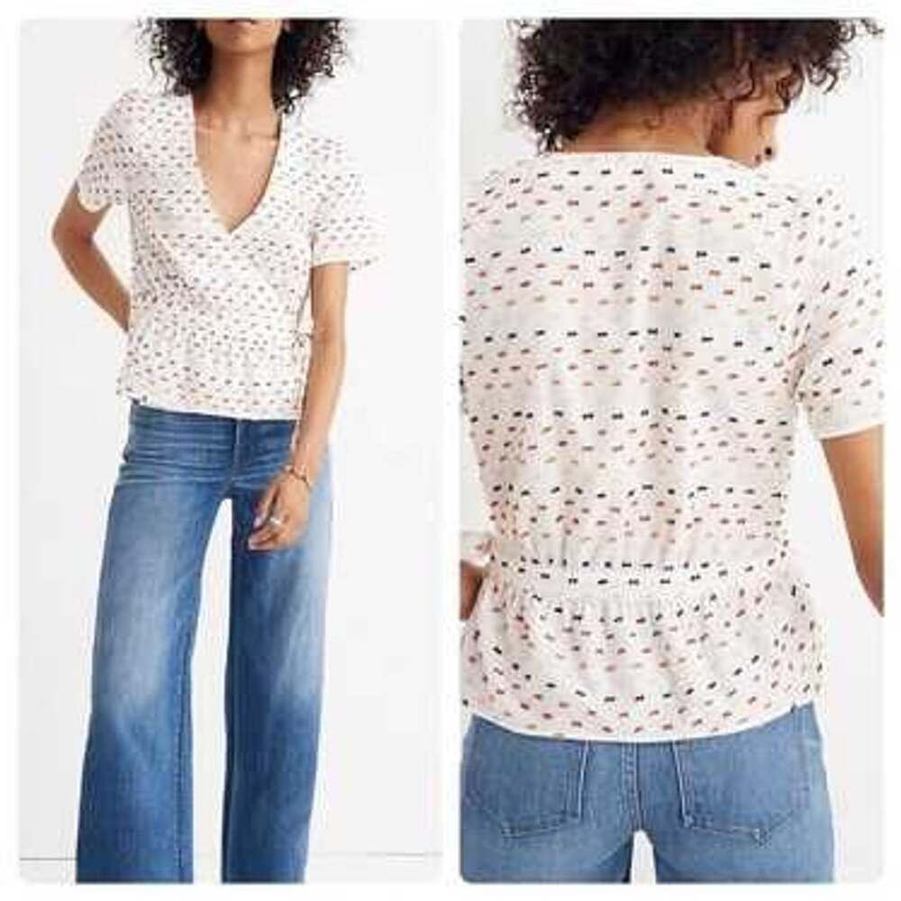 Madewell Crossover Peplum Wrap Top Size L White Rainbow Clipdot